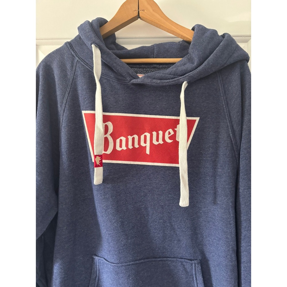 Sportiqe Banquet Beer Hoodie Men L Blue Heathered Pullover Sweatshirt Graphic
